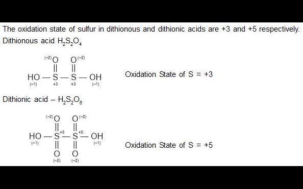 What Is The Oxidation State Of Sulfur In H2so4 The oxidation state of sulphur in the dithionous and dithionic acids