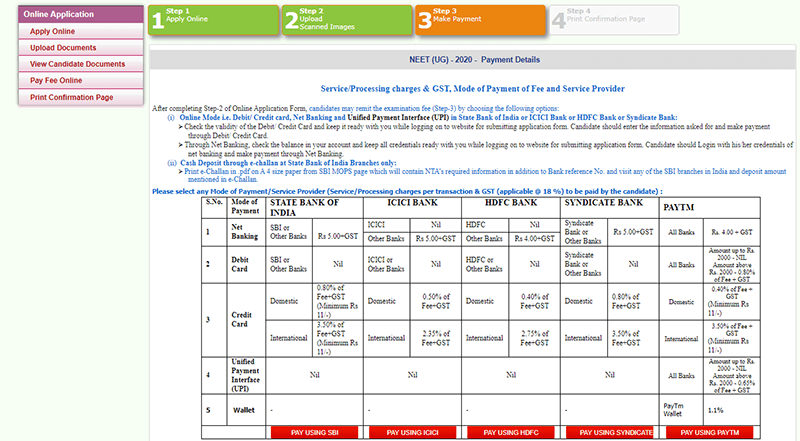NEET Application Fee Details