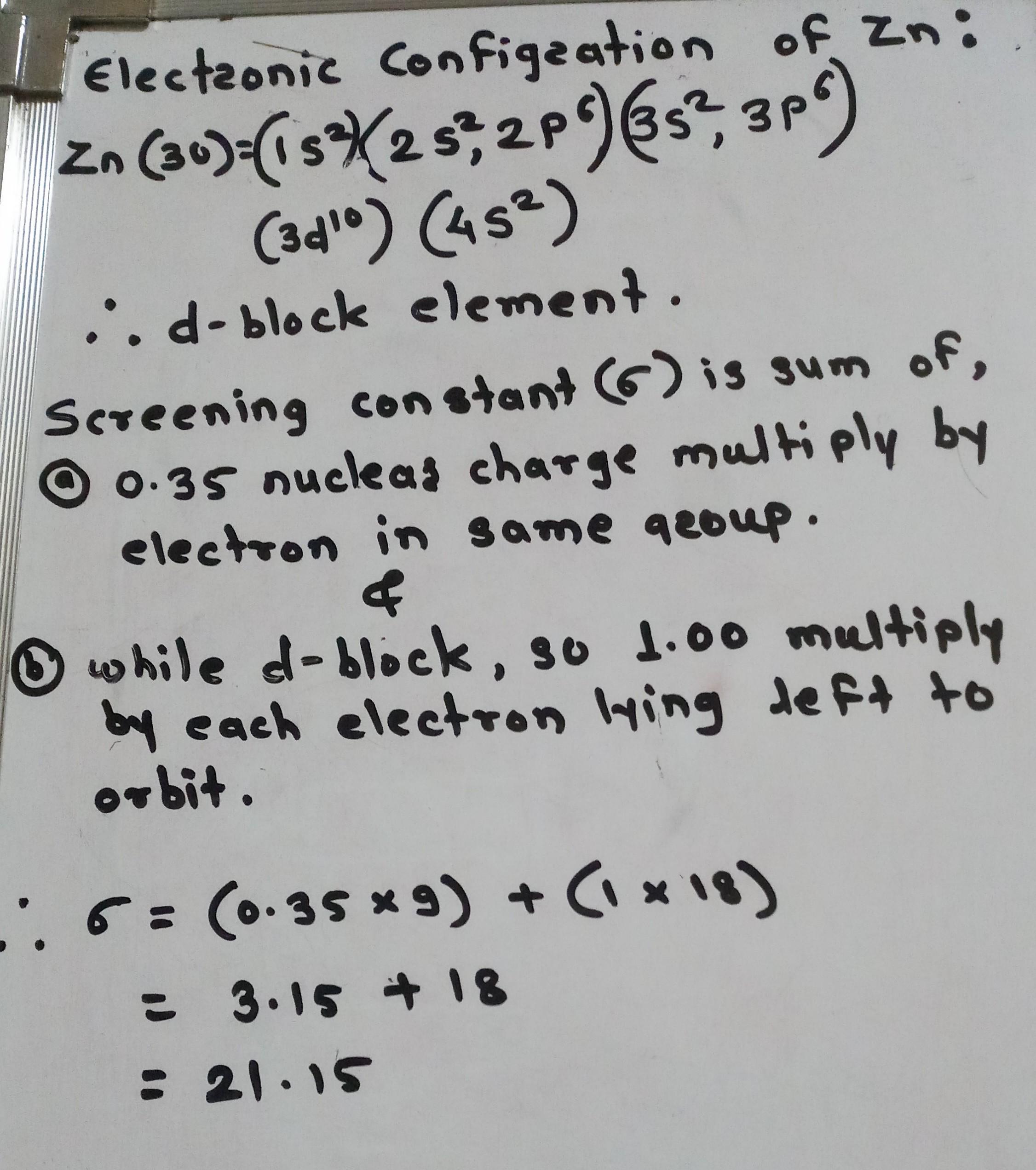What is screening constant for 3d electrons of zn?