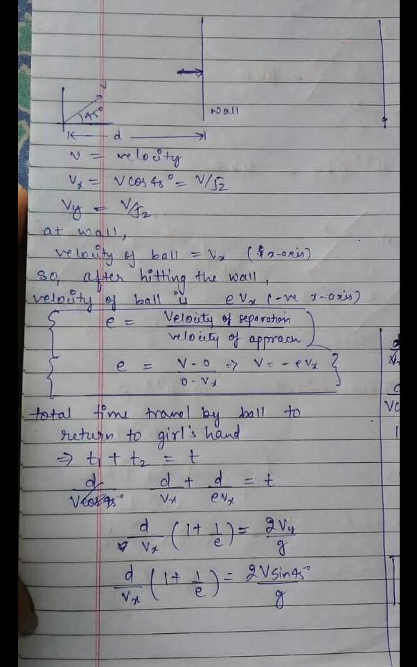 A girl throws a ball with initial velocityu at an inclination of 45