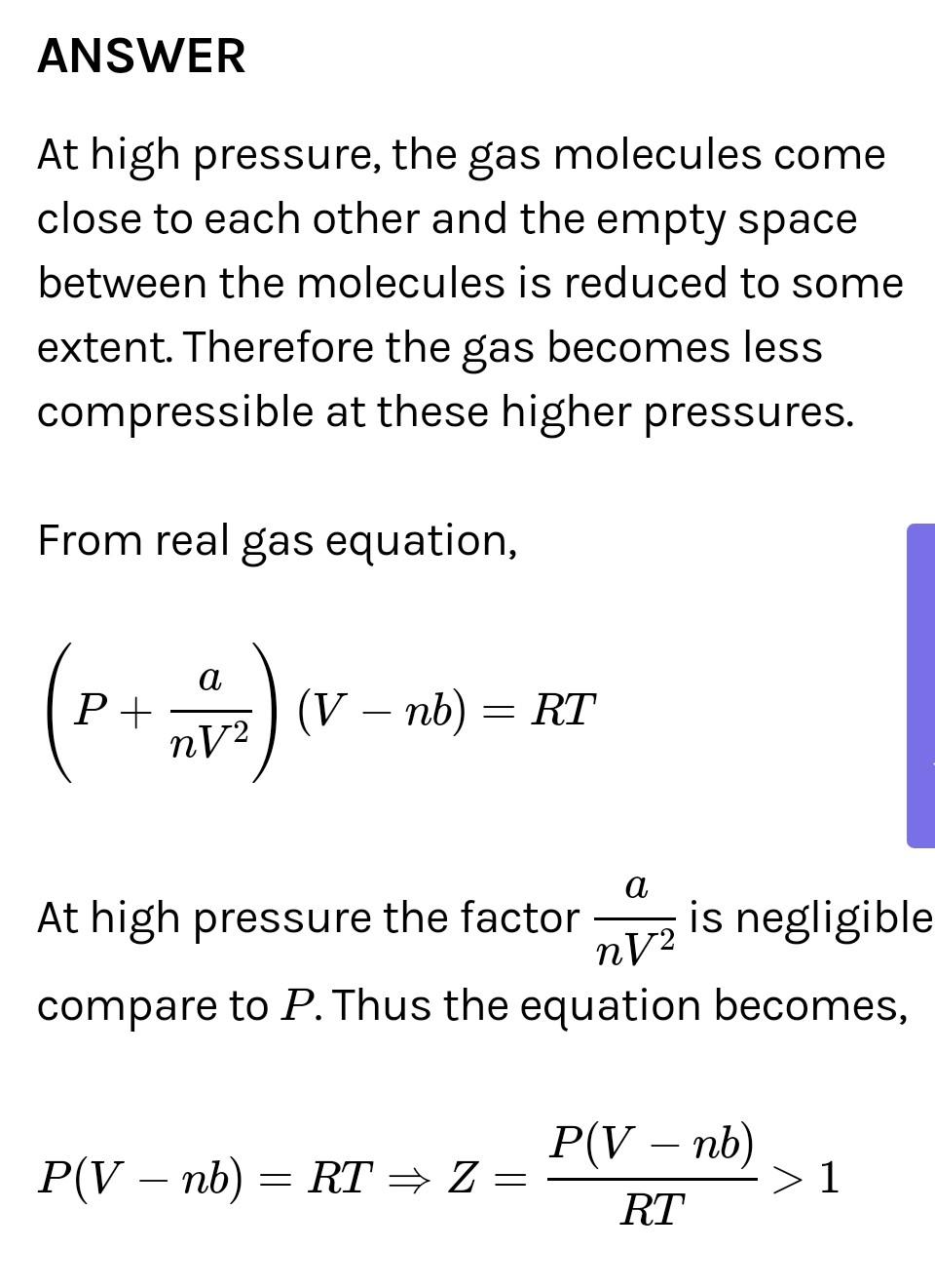 Compressibility factor for real gases