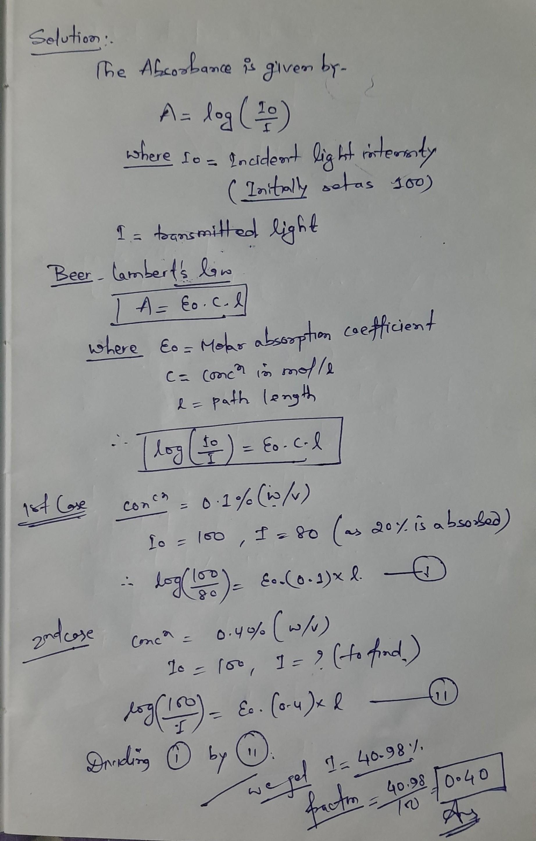 A 0.1% (w/v) solution of a protein absorbs 20% of the incident light ...