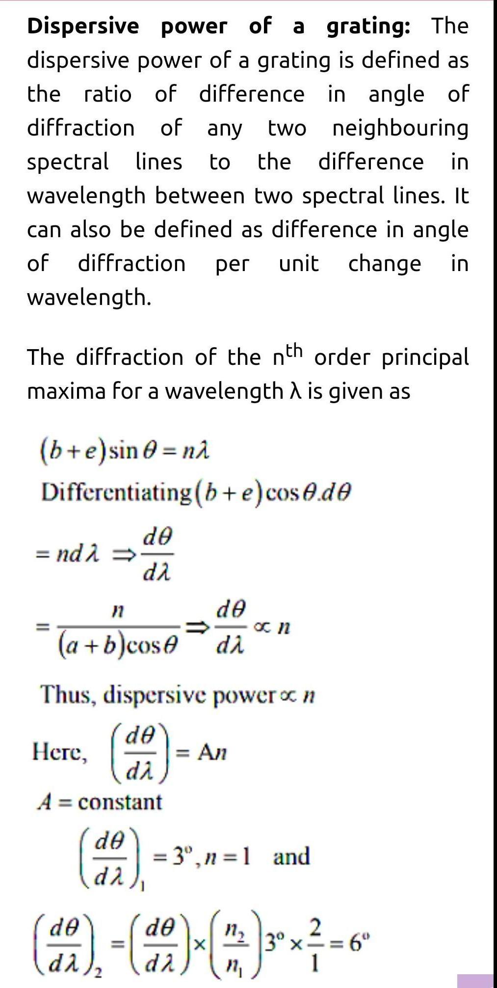 The angular dispersion of two spectral lines from a plane diffraction