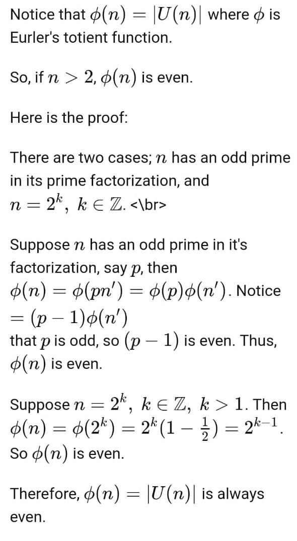 0. lagrange's theorem that the order of u(n) is even when n>2 to 0 prove sunnose