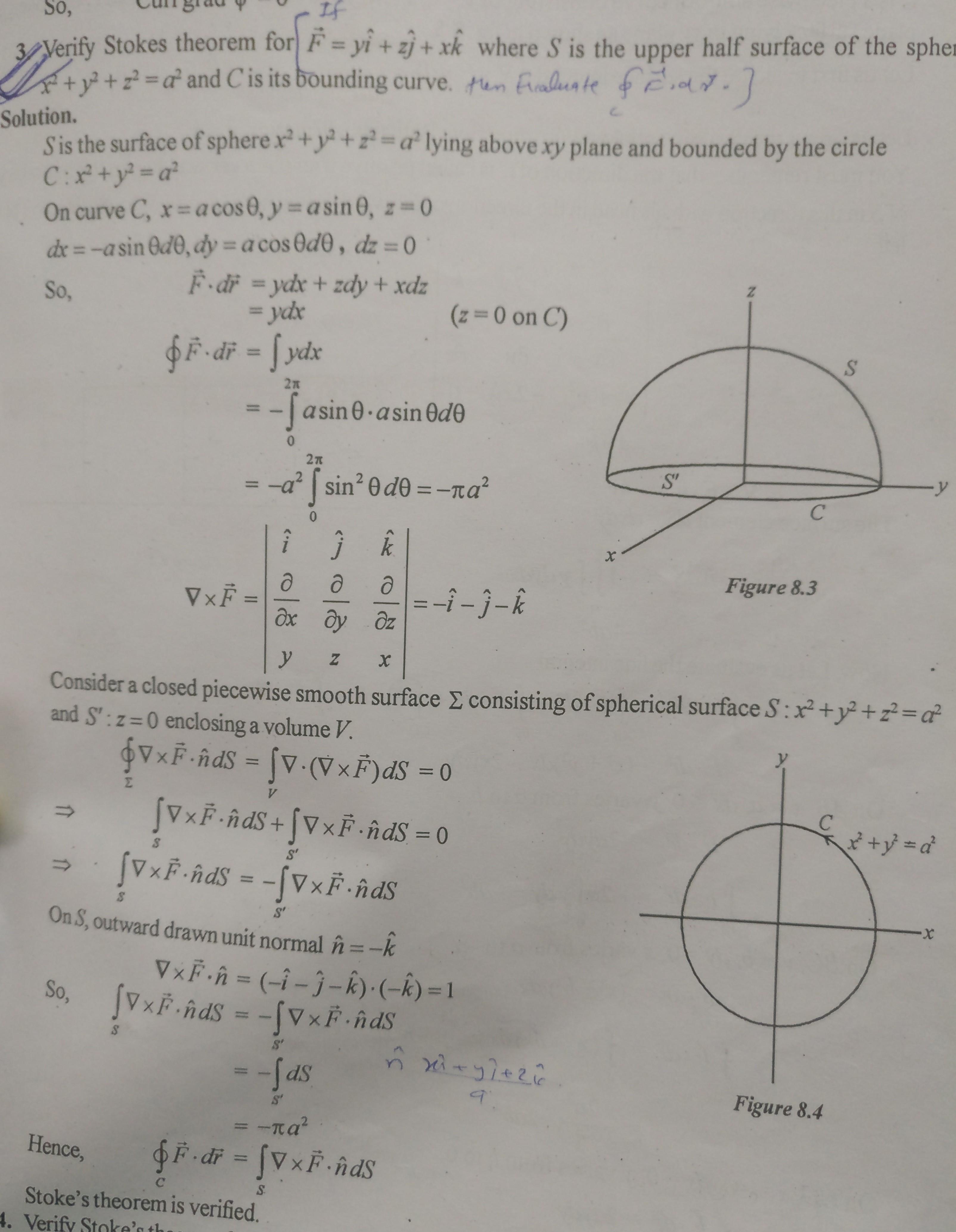 1 Verify Stoke S Theorem When F Yi Zj Xk And Surface S Is The Part Of The Sphere