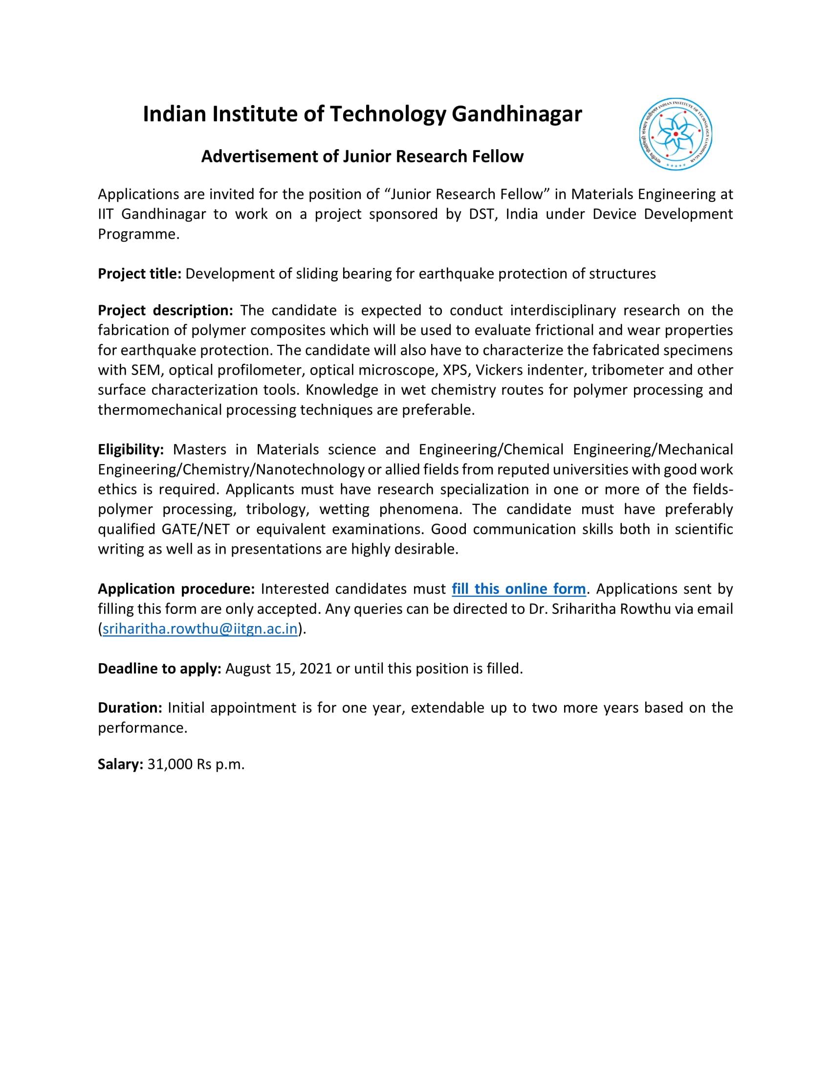 IIT-Gandhinagar Jobs 2021 - Junior Research Fellow